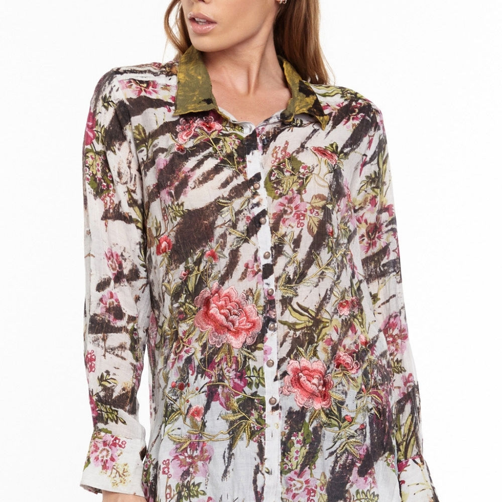 Aratta Meant to Keep shirt zebra floral embroidery Sz L   NWT